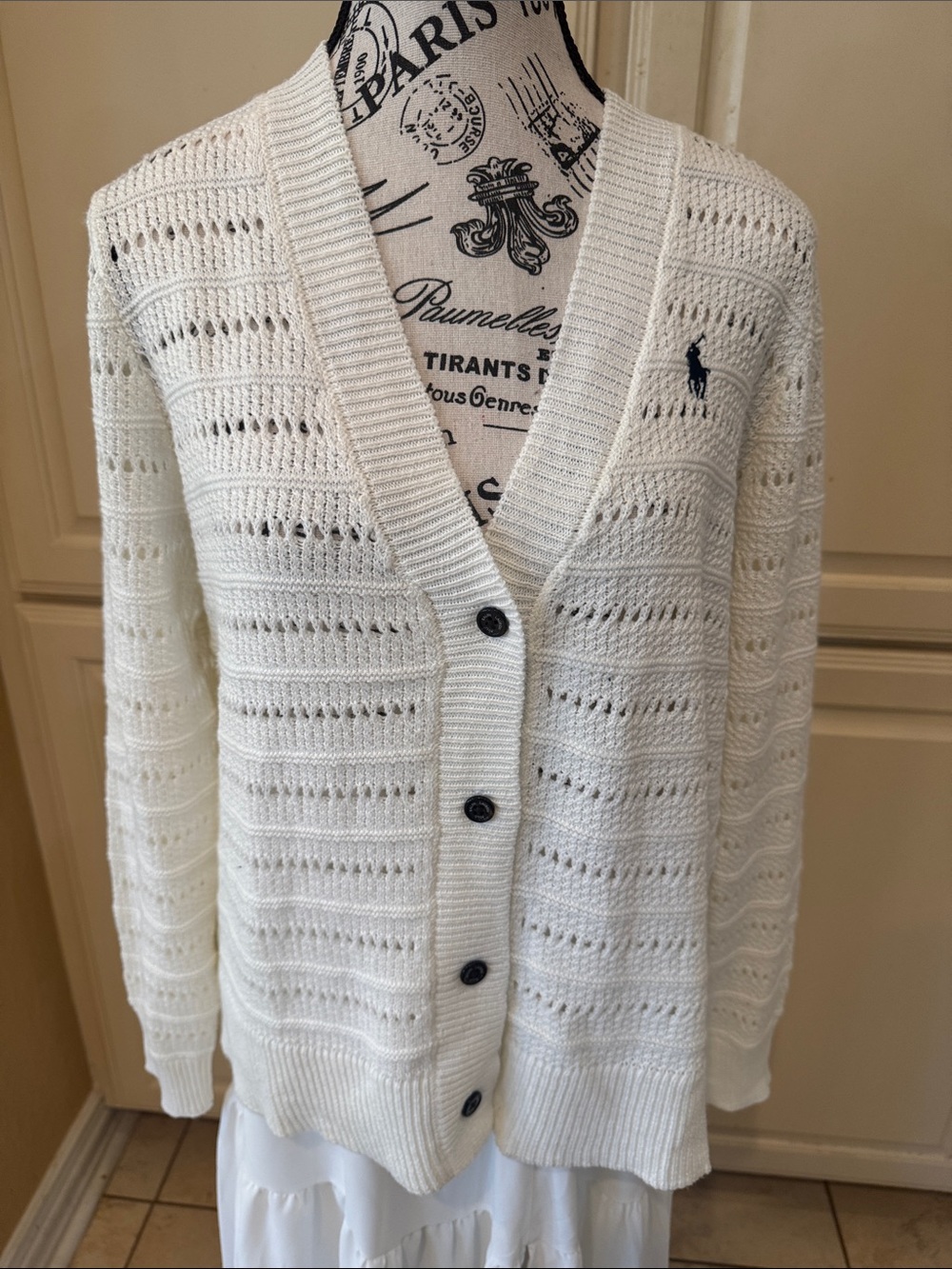 Ralph Lauren Cream Open-Knit V-Neck Button Cardigan